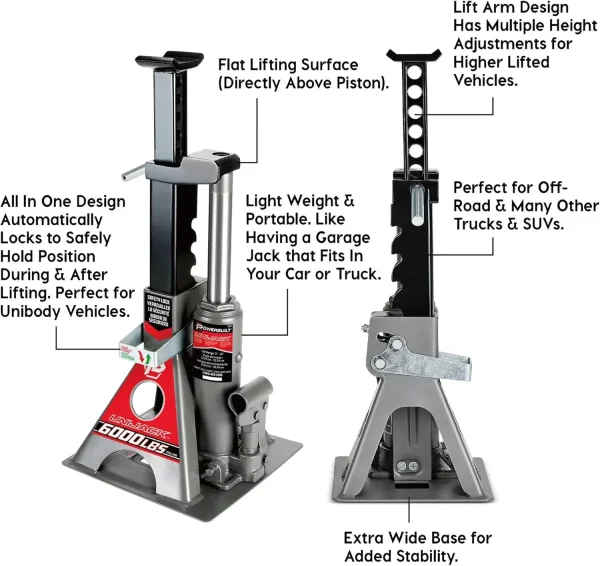 3 Ton, Bottle Jack and Jack Stands in One, 6000 Pound Capacity, All-in-One Car Lift, Heavy Duty Vehicle Unijack, Wide Base
